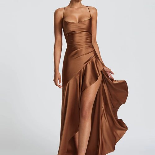 Ruffles Spaghetti Strap Women Maxi Dress Sexy Backless Bandage High Split A-line Long Dresses Elegant Evening Partywear