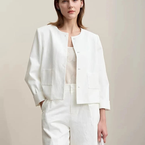 Women's Jacket 2026 Spring New Round Neck Metal Buckle Cotton Jacquard Jacket Women's Retro Loose Long Sleeve Top 12641110