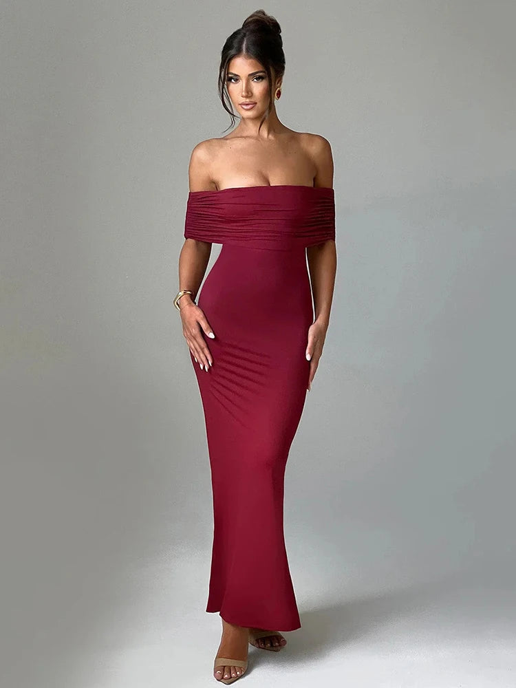 Elegant One Shoulder Backless Elastic Tight Evening Dress Women's Sexy Sleeveless Slim Max Female Vestidos Partywear