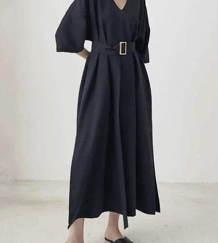 Women Black Brief Belted Elegant Big Size Dress New V-Neck Three-quarter Sleeve Fashion Tide Spring Autumn 2025 1DH6206