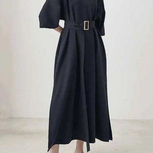 Load image into Gallery viewer, Women Black Brief Belted Elegant Big Size Dress New V-Neck Three-quarter Sleeve Fashion Tide Spring Autumn 2025 1DH6206
