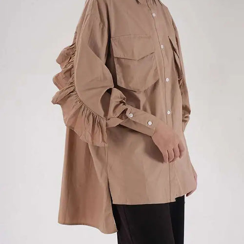 Load image into Gallery viewer, omen Khaki Ruffles Irregular Big Size Long Blouse New Lapel Long Sleeve Shirt Fashion Tide Spring Autumn 2025 2AA4728
