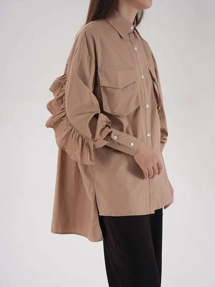 omen Khaki Ruffles Irregular Big Size Long Blouse New Lapel Long Sleeve Shirt Fashion Tide Spring Autumn 2025 2AA4728
