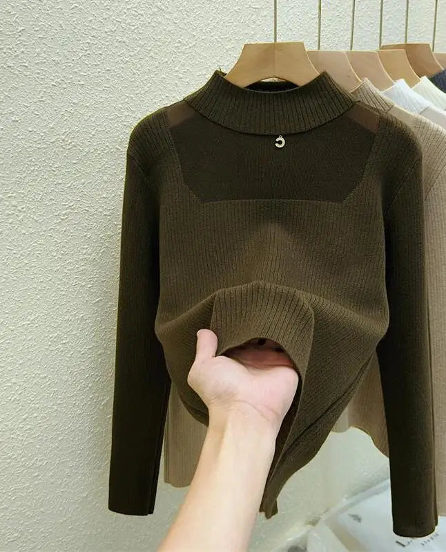 Autumn Winter Women Solid Mesh Velvet Sweater Korean Fashion Warm Round Collar Knitwear Long Sleeve Pullovers Tops Thick Popular