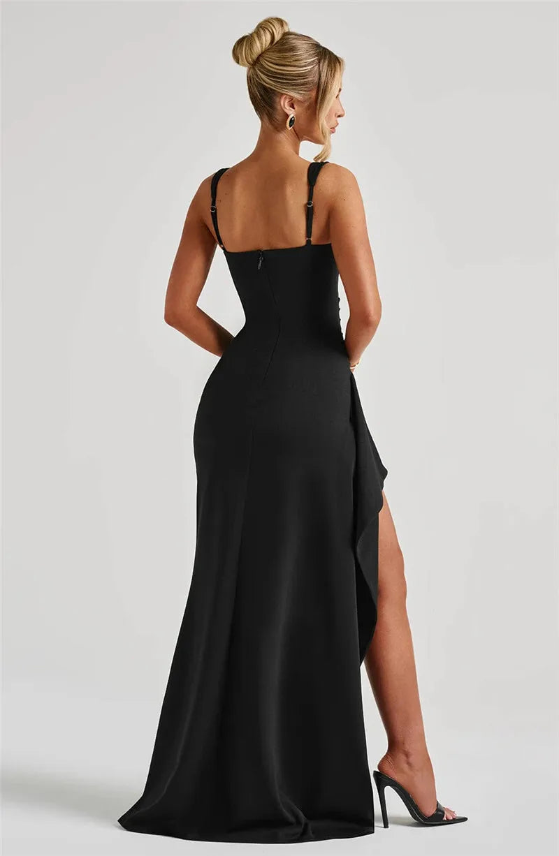Black Backless Sexy Maxi Dress For Women Gown Spaghetti Strap Sleeveless Thigh High Split Club Evening Long Dress