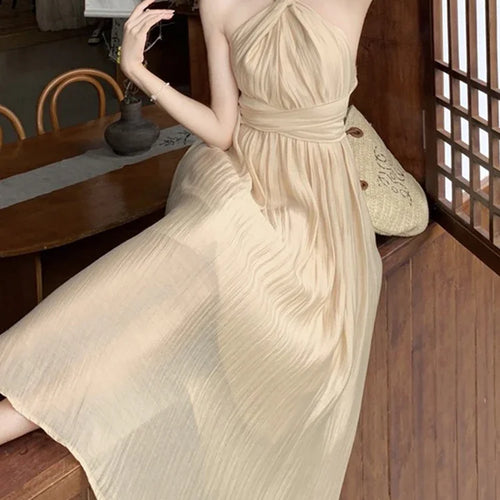 Load image into Gallery viewer, Khaki Halter Slim Waist Women&#39;s Dresses French Style Elegant Solid Color Pleated Fashion Female Dress Summer High Street
