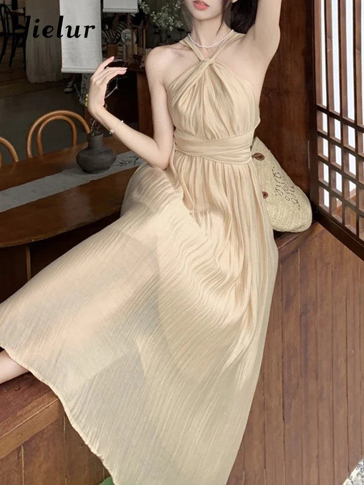 Khaki Halter Slim Waist Women's Dresses French Style Elegant Solid Color Pleated Fashion Female Dress Summer High Street