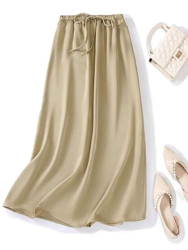 Summer Solid Casual High Waist Long Skirt Women's Korean Fashion Drawstring Lace-up Holiday Skirts 2024 Simplicity Popular Trend