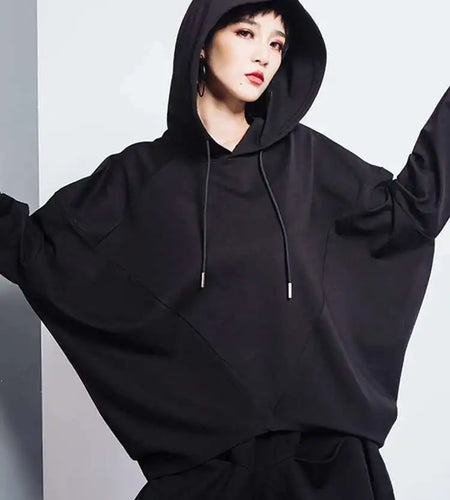 Black Irregular Hem Short Sweatshirt New Hooded Long Sleeve Women Big Size Fashion Tide Spring Autumn 2025 1DH7063