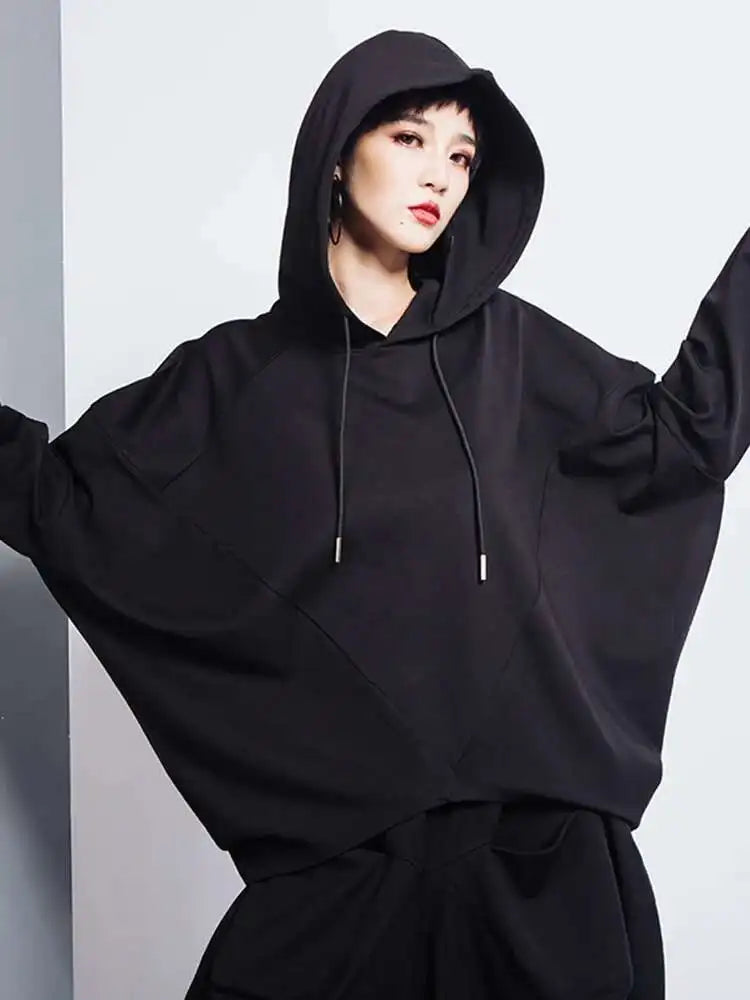 Black Irregular Hem Short Sweatshirt New Hooded Long Sleeve Women Big Size Fashion Tide Spring Autumn 2025 1DH7063