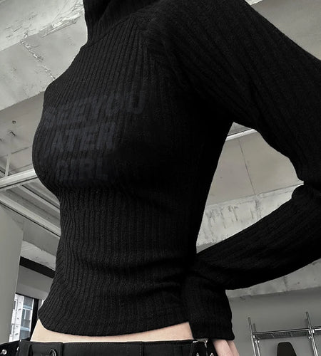 Casual Black Bodycon Knitted Autumn Tee Pullover Slim Letter Printed Turtleneck T shirt Female Cropped Top Clothing