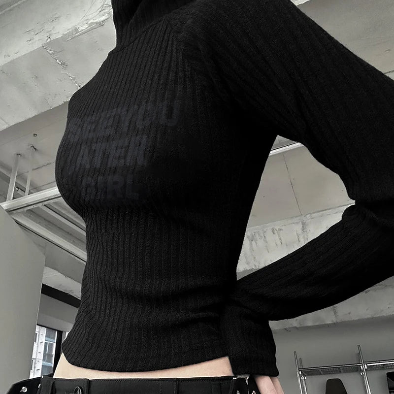 Casual Black Bodycon Knitted Autumn Tee Pullover Slim Letter Printed Turtleneck T shirt Female Cropped Top Clothing