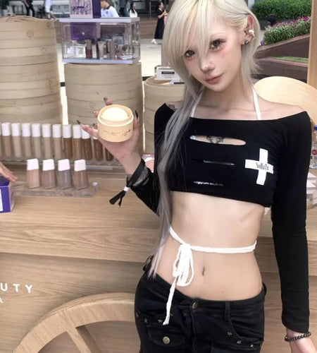 Harajuku Hollow Out Cross Letter Print Women's T-Shirts Y2k Grunge Slash Neck Tees Sexy Slim All Match Long Sleeve Crop Top