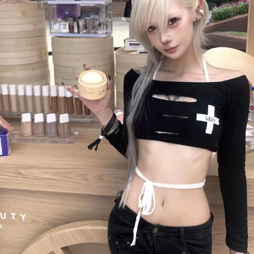 Load image into Gallery viewer, Harajuku Hollow Out Cross Letter Print Women's T-Shirts Y2k Grunge Slash Neck Tees Sexy Slim All Match Long Sleeve Crop Top
