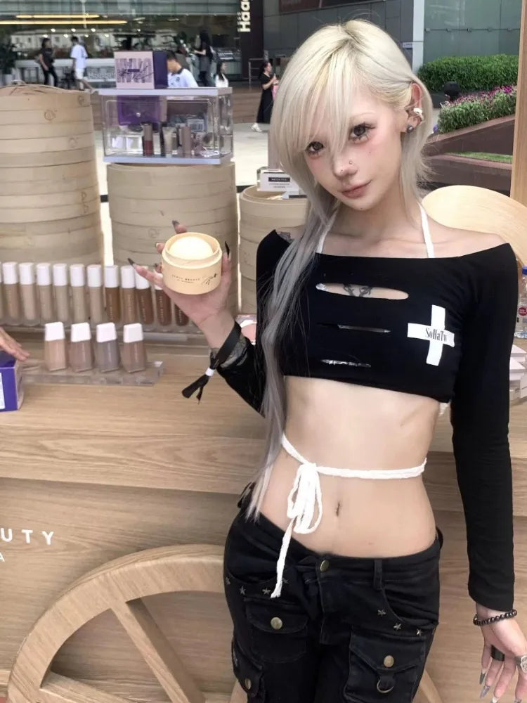Harajuku Hollow Out Cross Letter Print Women's T-Shirts Y2k Grunge Slash Neck Tees Sexy Slim All Match Long Sleeve Crop Top