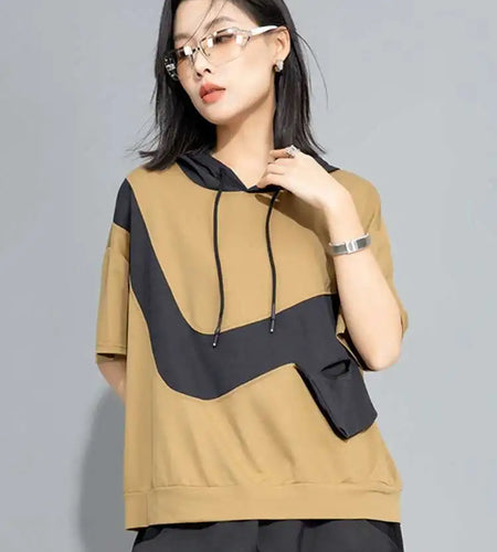 Women Yellow Pocket Color-block Big Size Casual T-shirt New Hooded Short Sleeve Fashion Tide Spring Summer 2025 1DH9834