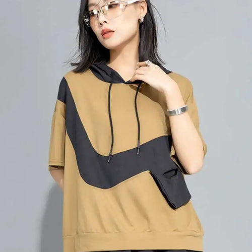 Load image into Gallery viewer, Women Yellow Pocket Color-block Big Size Casual T-shirt New Hooded Short Sleeve Fashion Tide Spring Summer 2025 1DH9834
