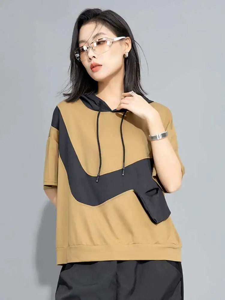 Women Yellow Pocket Color-block Big Size Casual T-shirt New Hooded Short Sleeve Fashion Tide Spring Summer 2025 1DH9834