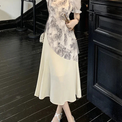 Load image into Gallery viewer, Puff Sleeve Spell Color Elegant Female Dresses High Street Stand Neck Hollow Out Women&#39;s Dresses Summer New Chinese Style
