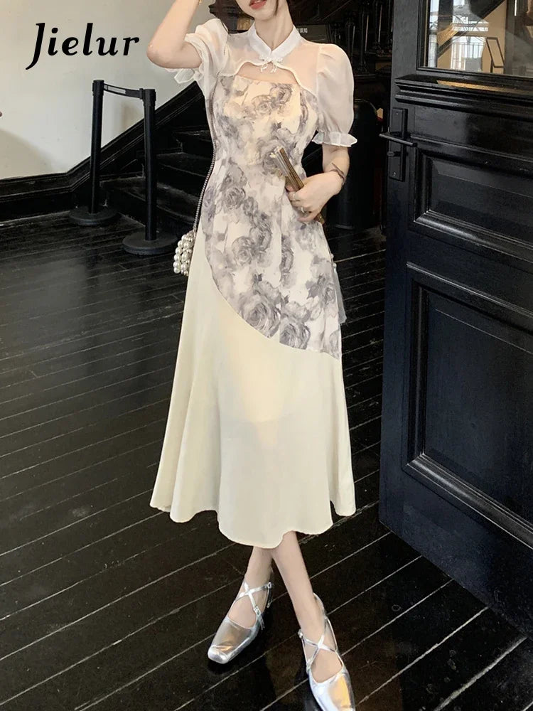 Puff Sleeve Spell Color Elegant Female Dresses High Street Stand Neck Hollow Out Women's Dresses Summer New Chinese Style