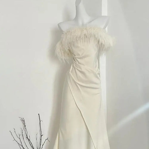 Load image into Gallery viewer, French Women's Beige Elegant Sexy Off Shoulder Pleated Long Dress Autumn New Sleeveless Hairy Neck Strapless Evening Party Dress
