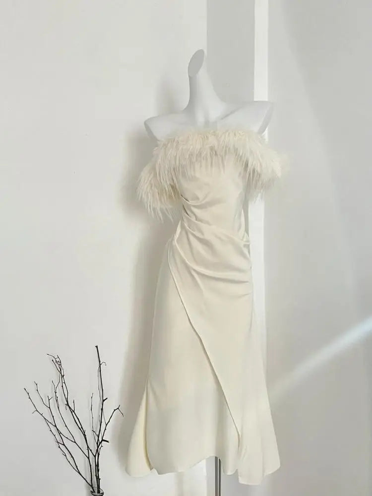 French Women's Beige Elegant Sexy Off Shoulder Pleated Long Dress Autumn New Sleeveless Hairy Neck Strapless Evening Party Dress