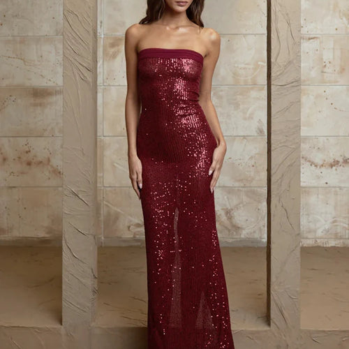 Load image into Gallery viewer, Sequin Strapless High Split Sexy Maxi Dress Women Elegant Off-shoulder Sleeveless Backless Sparkle Floor Length Dress
