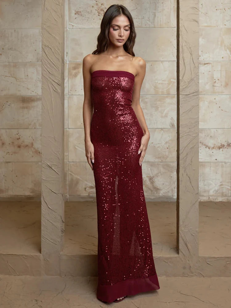 Sequin Strapless High Split Sexy Maxi Dress Women Elegant Off-shoulder Sleeveless Backless Sparkle Floor Length Dress