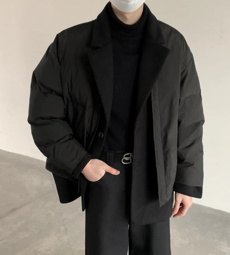 Korean Style Men's Padded Jackets Woolen Patchwork Fake Two-piece Lapel Solid Color Thickened Male Coats Winter 2024 9C8803