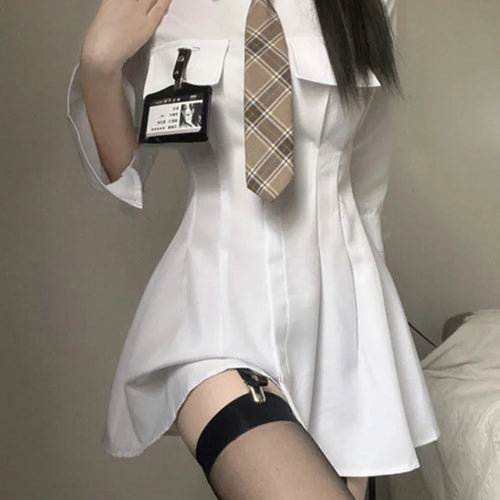 Load image into Gallery viewer, Classic White Shirt Dress Women Wrap Slim Design Polo Short Dresses Korean Fashion Kpop Spring with Tie
