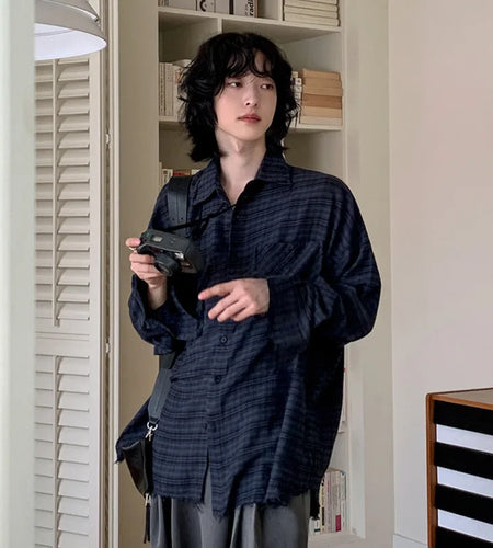 Men Plaid Design Long Sleeved Shirt New Spring Loose Casual Single Breasted Shirts Korean Turn-down Collar Trendy 9W1445