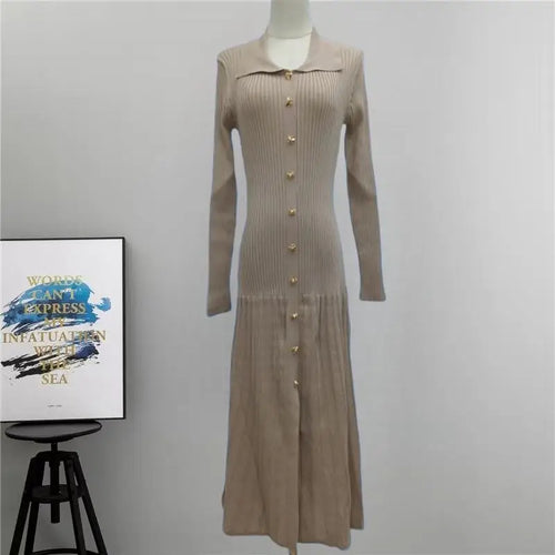Load image into Gallery viewer, Autumn Winter Solid Elegant Office Lady Knitted Dress Women Slim Long Sleelve Single Breasted Dresses Fashion Simplicity Fashion
