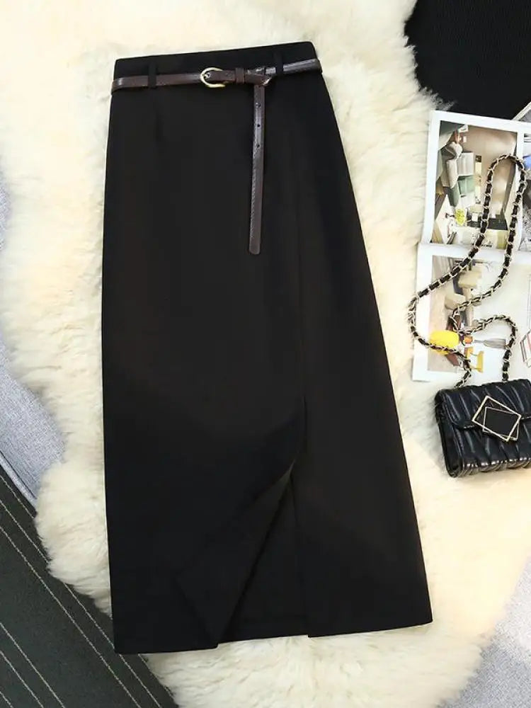 Black Blue Elegant Temperament High Waist Long Skirt Women Summer Khaki Club Party Slim Split Skirts Streetwear 2024 Fashion New