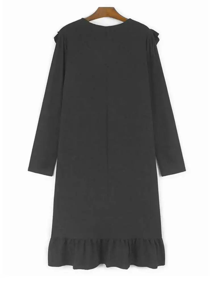 Women Black Ruffles Spliced Big Size Elegant Dress New Round Neck Long Sleeve Fashion Tide Spring Autumn 2025  1DH9813