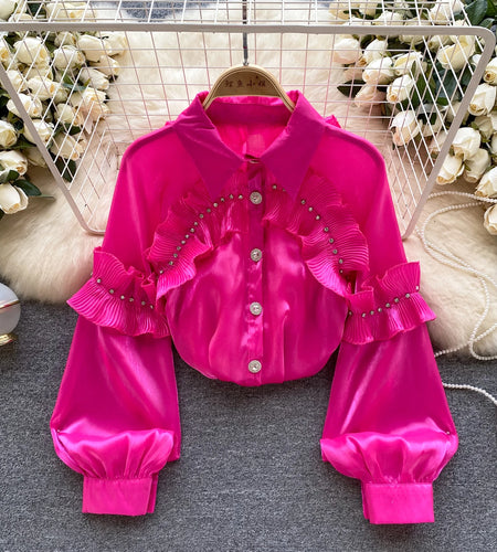 Women French Solid Diamond Ruffles Shirt Autumn Office Turn-down Collar Loose Lantern Sleeve Blouses Korean Fashion Elegant Tops