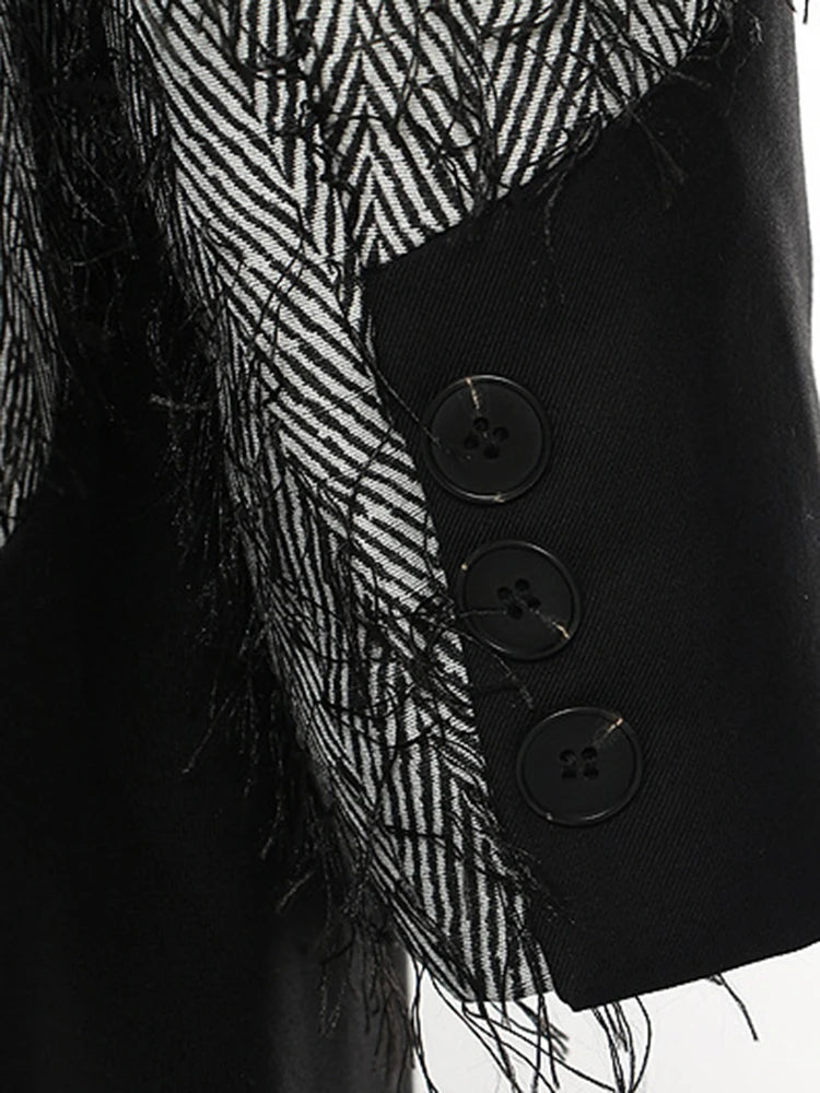 Women Gray Color-block Tassels Big Size Long Blazer New Lapel Long Sleeve Jacket Fashion Tide Spring Autumn 2025 7AB1820