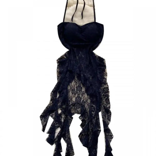 Load image into Gallery viewer, Retro Black White Elegant Ruffles Halter Lace-up Irregular Lace Long Dress Women Summer New Beige Sleeveless Evening Party Dress
