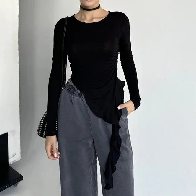 Y2k Aesthetic Irregular Ruffled Crop Tops Vintage Harajuku Autumn Solid T-Shirt Streetwear Sexy Slim Fit Pleated Grunge Shirt