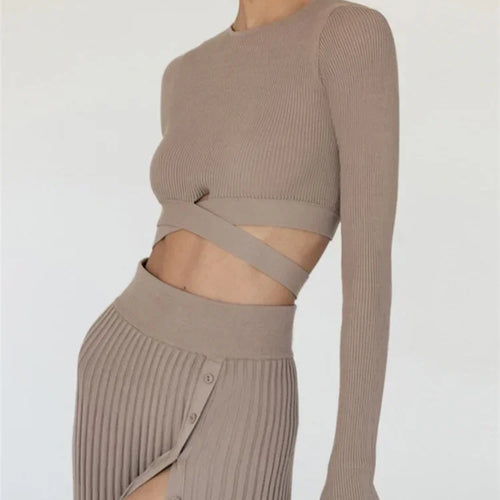 Load image into Gallery viewer, White Knit Two Piece Women Sets Fall Ribbed Crop Top And Pleated Knitted Skirt Suits For Women Midi Dress Sets 2022
