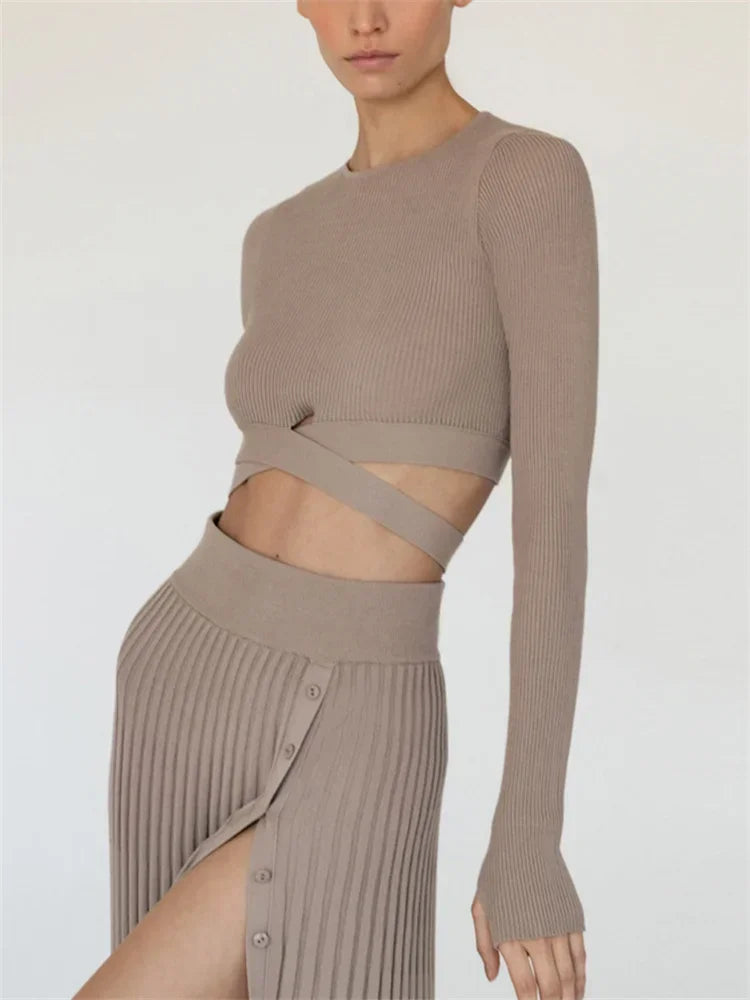 White Knit Two Piece Women Sets Fall Ribbed Crop Top And Pleated Knitted Skirt Suits For Women Midi Dress Sets 2022