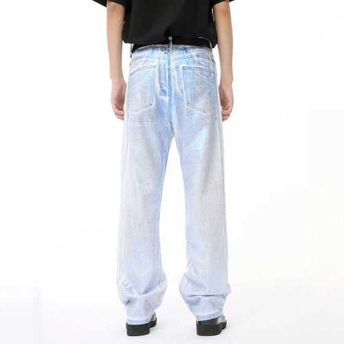 Load image into Gallery viewer, Male Silver Blue Deinm Pants New High Street Apply Wax Gloss Straight Loose Men&#39;s Jeans Summer Chic Trendy 9C6672
