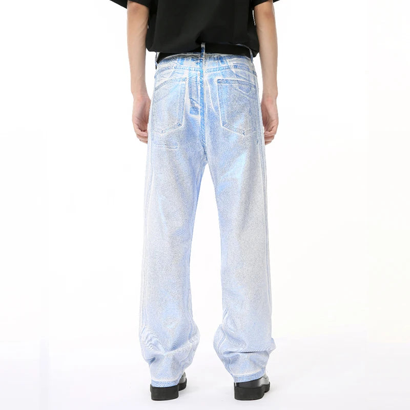 Male Silver Blue Deinm Pants New High Street Apply Wax Gloss Straight Loose Men's Jeans Summer Chic Trendy 9C6672