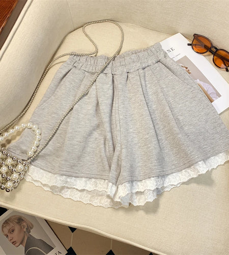 Spring Summer Elegant Lace Patchwork Pleated Shorts Women Clothes Casual Elastic High Waist Party Mini Wide Leg Shorts Versatile
