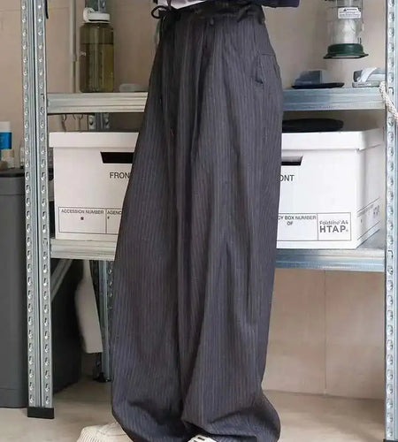 High Waist Gray Striped Drawstring Long Wide Leg Casual Pants New Trousers Women Fashion Tide Spring Autumn 2025 1DH6403