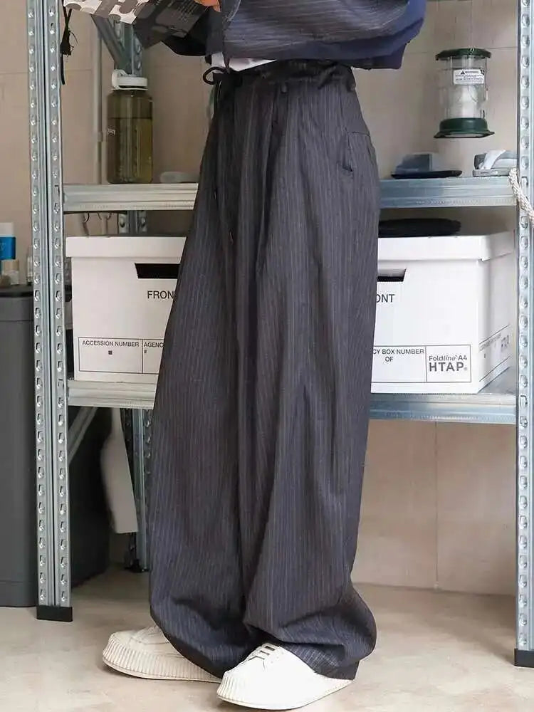High Waist Gray Striped Drawstring Long Wide Leg Casual Pants New Trousers Women Fashion Tide Spring Autumn 2025 1DH6403