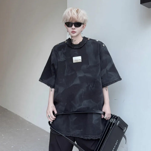 Load image into Gallery viewer, Men's Short Sleeve T-shirt New Summer Round Neck Spray Painted Metal Edge Decoration Male T-shirts Tie-dyed Top 9W1502
