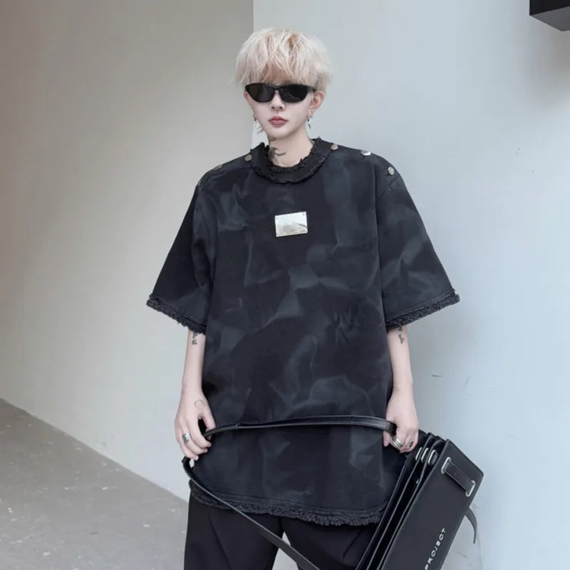 Men's Short Sleeve T-shirt New Summer Round Neck Spray Painted Metal Edge Decoration Male T-shirts Tie-dyed Top 9W1502