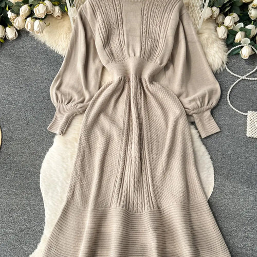 Load image into Gallery viewer, French Vintage Autumn Winter Black Beige Elegant Long Sleeve Vacation Knit Dress Women Khaki Round Neck High Waist Office Dress
