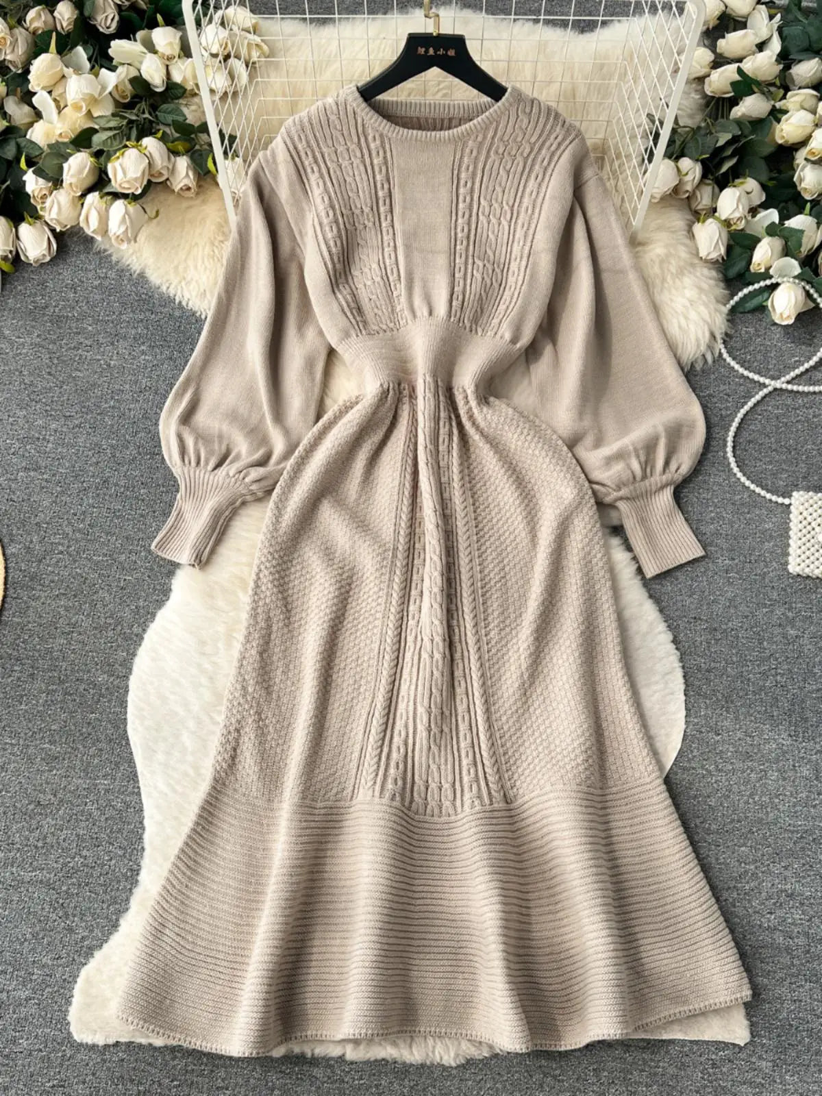 French Vintage Autumn Winter Black Beige Elegant Long Sleeve Vacation Knit Dress Women Khaki Round Neck High Waist Office Dress