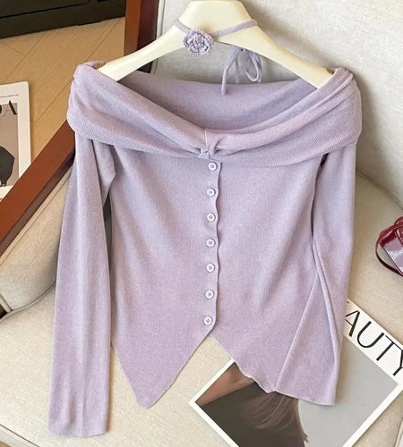 Spring Women's Purple Blue Off Shoulder Festival Irregular Cardigan Sweater Korean Fashion Beige Single Breasted Short Knit Tops